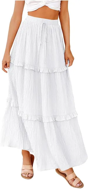 Women Flowy Maxi Skirt Boho Elastic Waist Pleated A-Line Long Skirts Ruffle Summer Beach Skirt with Drawstring