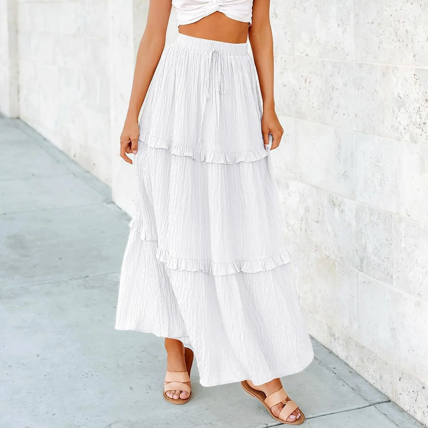 Women Flowy Maxi Skirt Boho Elastic Waist Pleated A-Line Long Skirts Ruffle Summer Beach Skirt with Drawstring