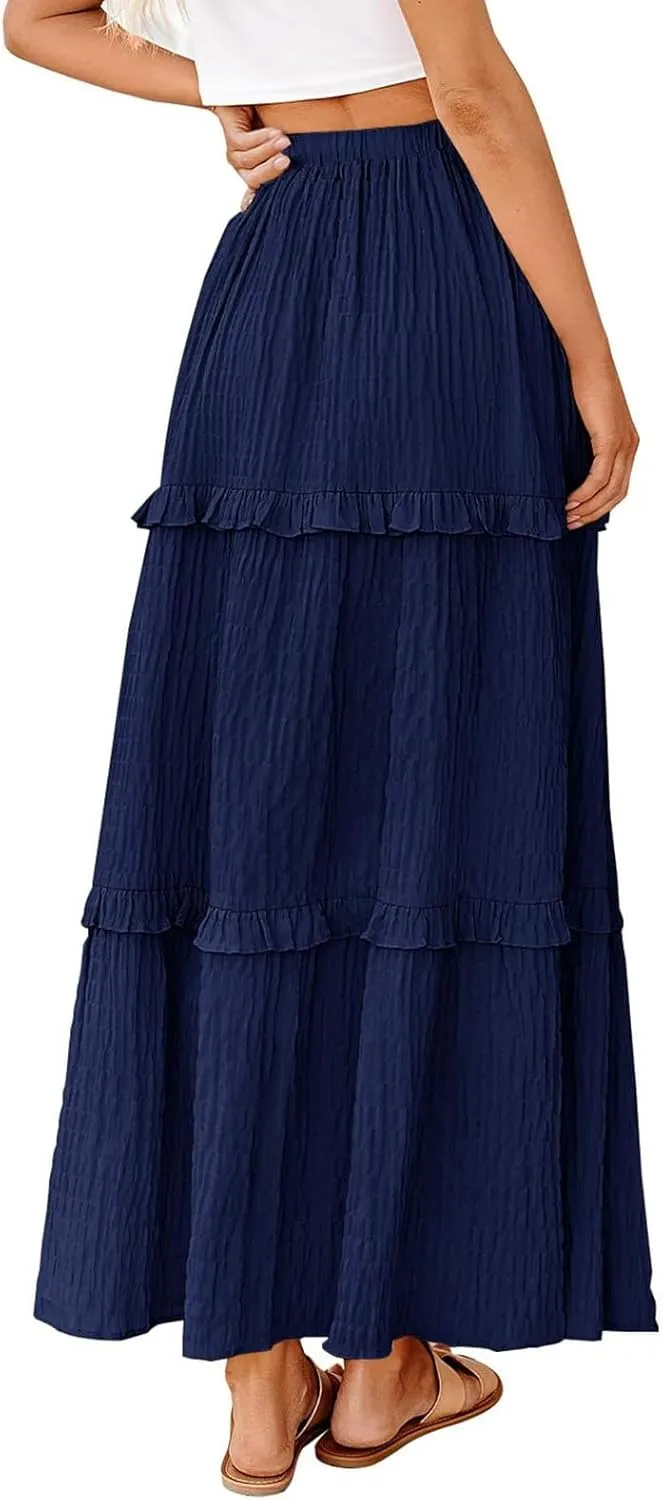 Women Flowy Maxi Skirt Boho Elastic Waist Pleated A-Line Long Skirts Ruffle Summer Beach Skirt with Drawstring