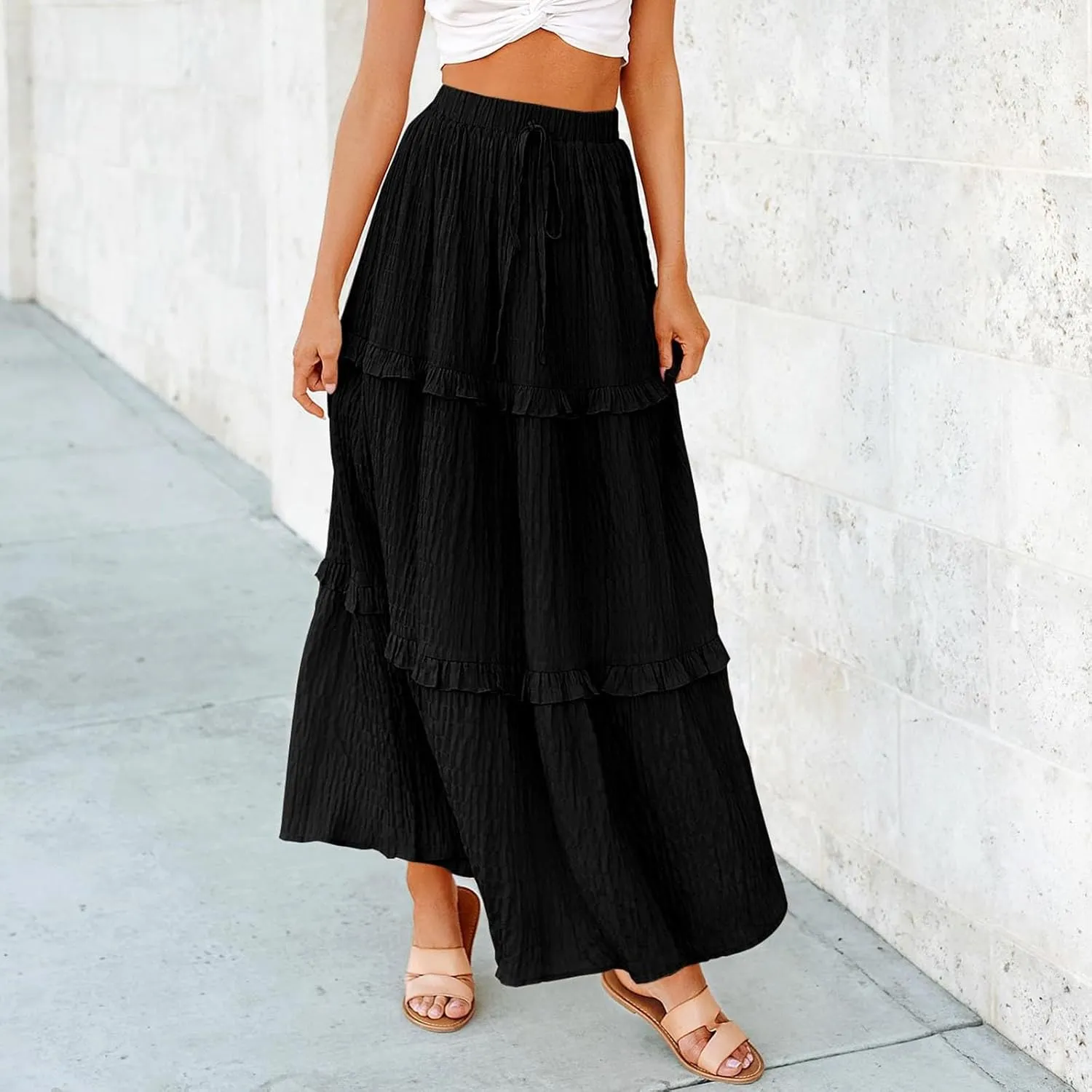 Women Flowy Maxi Skirt Boho Elastic Waist Pleated A-Line Long Skirts Ruffle Summer Beach Skirt with Drawstring