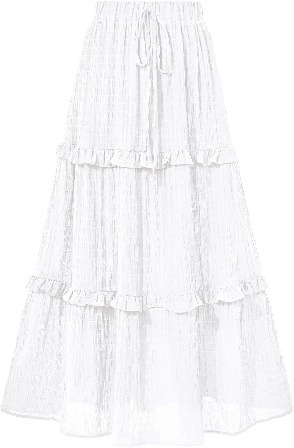 Women Flowy Maxi Skirt Boho Elastic Waist Pleated A-Line Long Skirts Ruffle Summer Beach Skirt with Drawstring