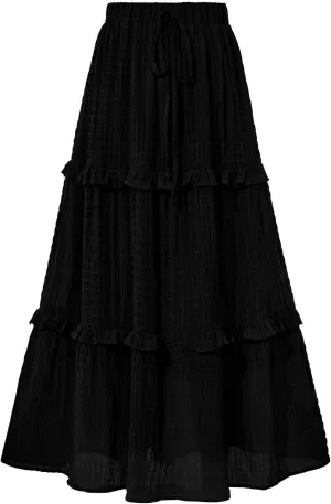 Women Flowy Maxi Skirt Boho Elastic Waist Pleated A-Line Long Skirts Ruffle Summer Beach Skirt with Drawstring
