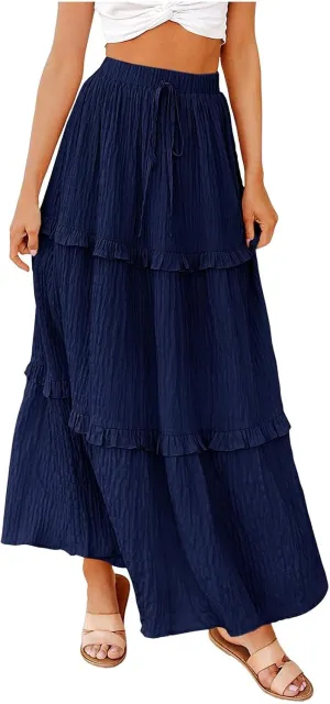 Women Flowy Maxi Skirt Boho Elastic Waist Pleated A-Line Long Skirts Ruffle Summer Beach Skirt with Drawstring