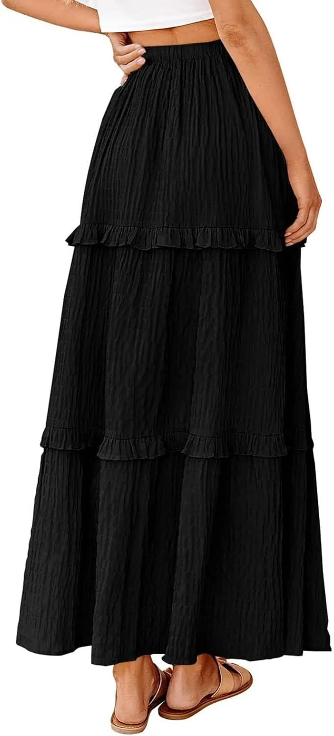Women Flowy Maxi Skirt Boho Elastic Waist Pleated A-Line Long Skirts Ruffle Summer Beach Skirt with Drawstring