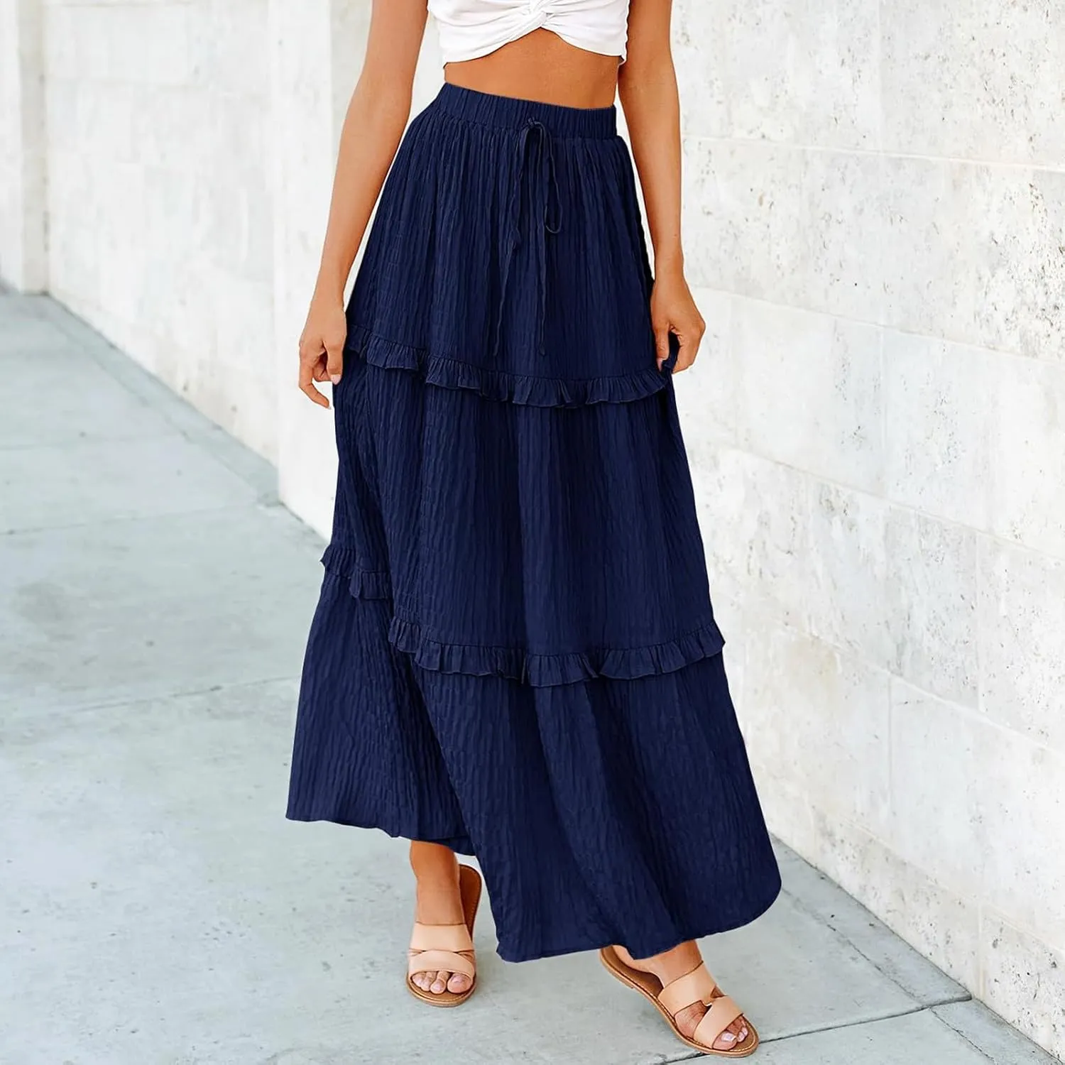 Women Flowy Maxi Skirt Boho Elastic Waist Pleated A-Line Long Skirts Ruffle Summer Beach Skirt with Drawstring