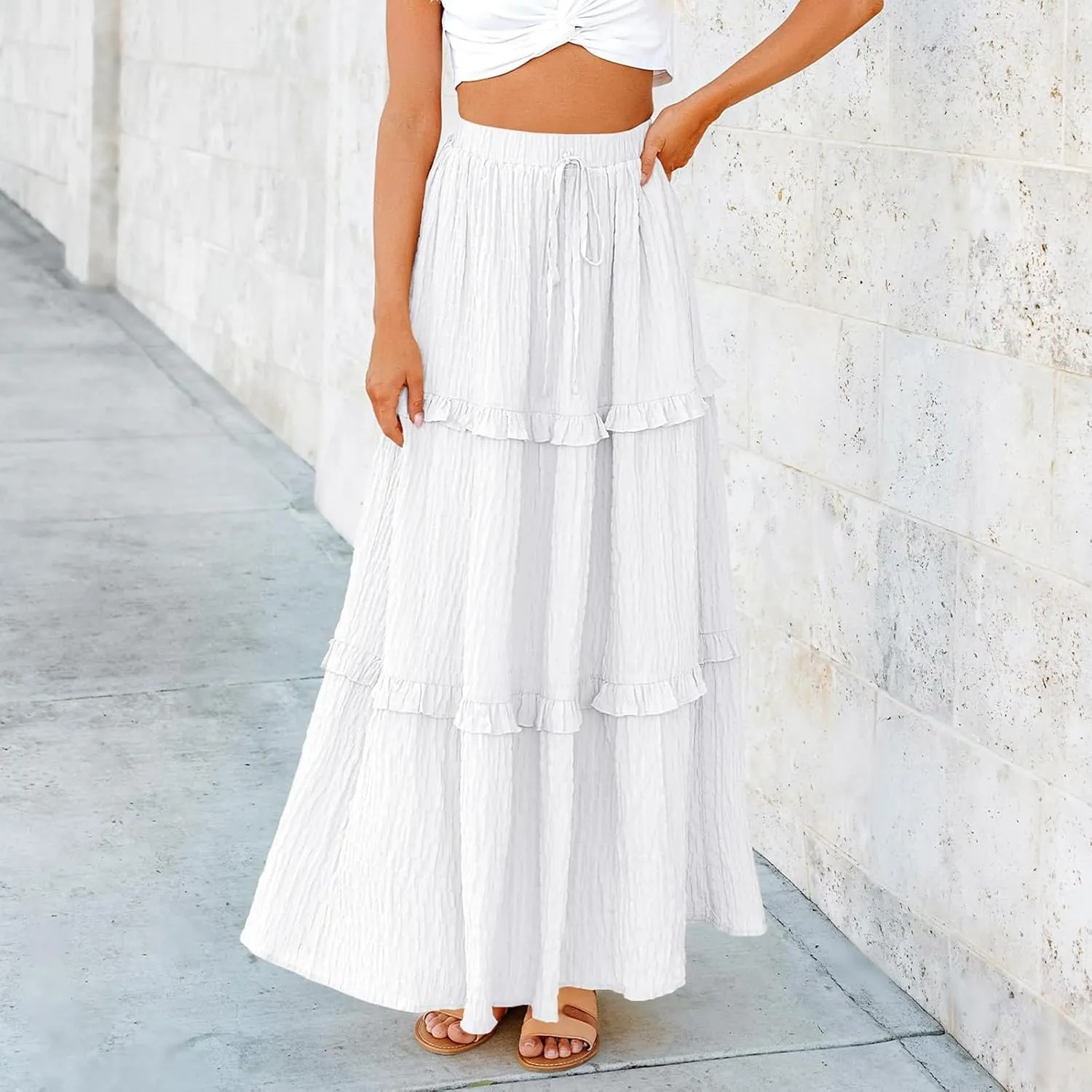 Women Flowy Maxi Skirt Boho Elastic Waist Pleated A-Line Long Skirts Ruffle Summer Beach Skirt with Drawstring