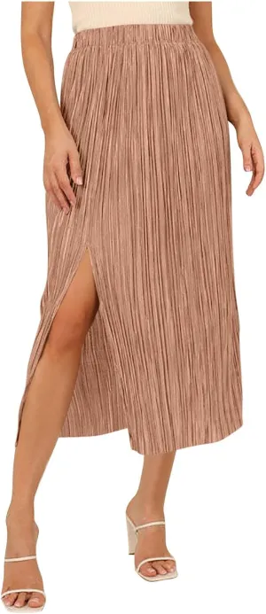 Women High Waist Pleated Skirts Trendy Split Thigh Skirt Summer Boho Flowy Maxi Skirt Solid A Line Beach Long Skirts