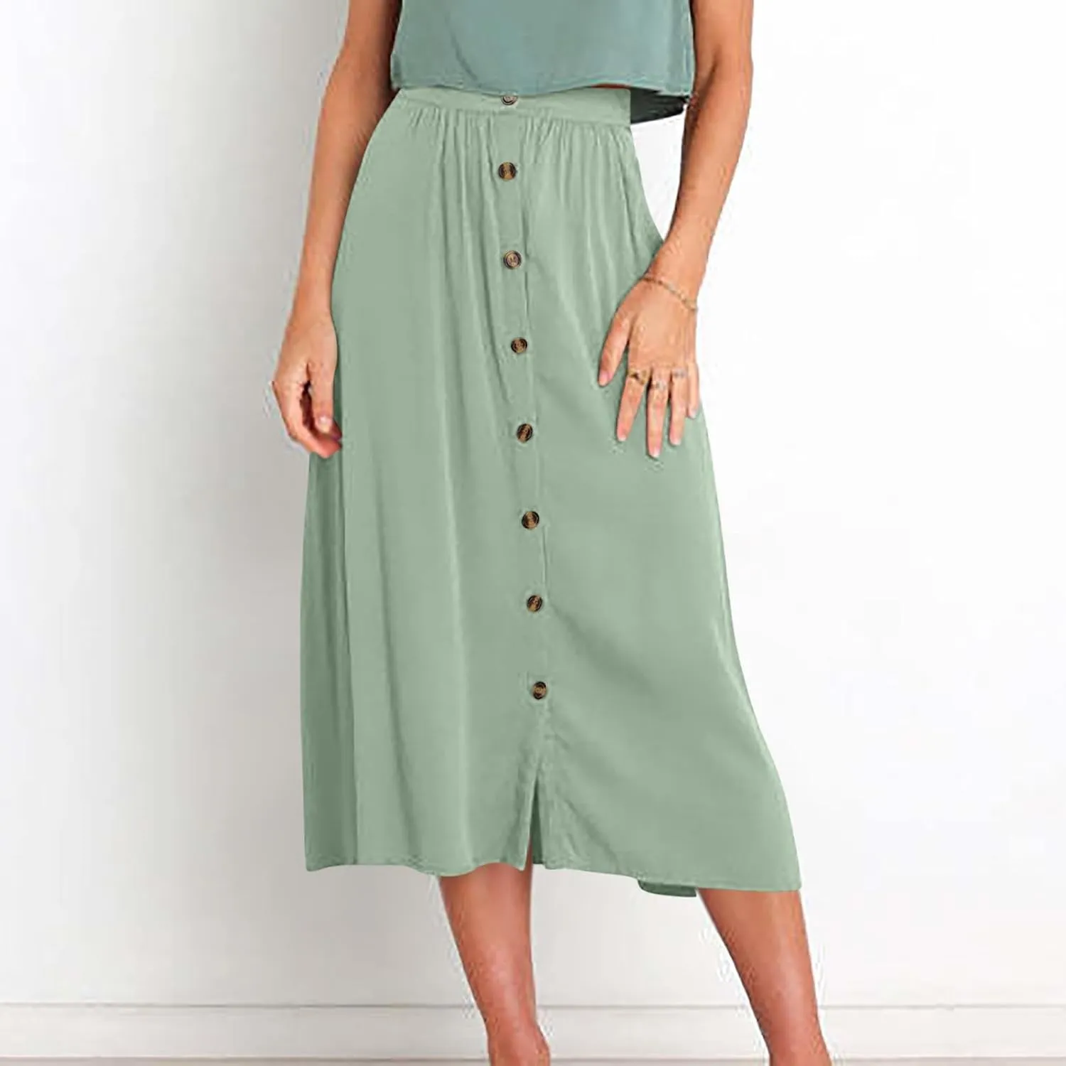 Women High Waist Pleated Skirts Trendy Split Thigh Skirt Summer Boho Flowy Maxi Skirt Solid A Line Beach Long Skirts