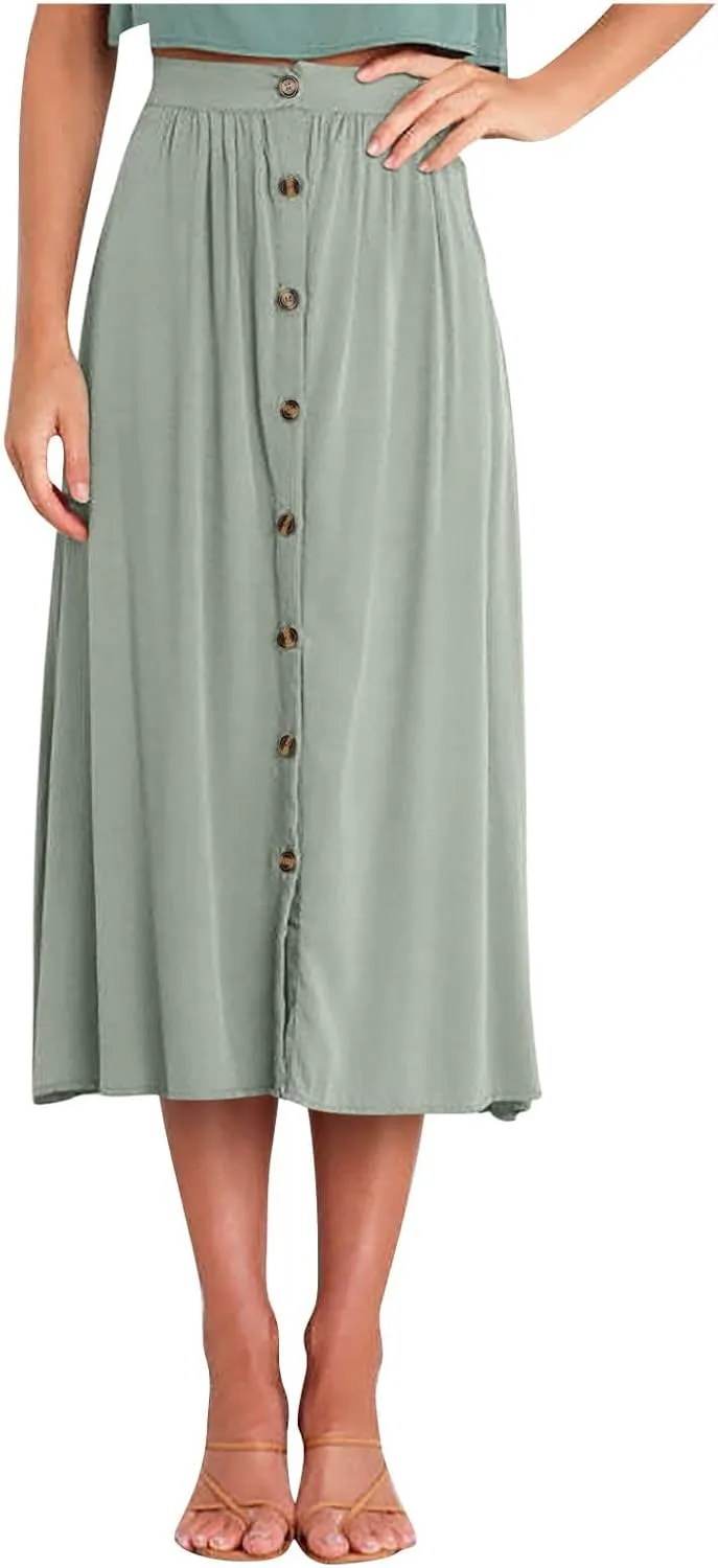 Women High Waist Pleated Skirts Trendy Split Thigh Skirt Summer Boho Flowy Maxi Skirt Solid A Line Beach Long Skirts