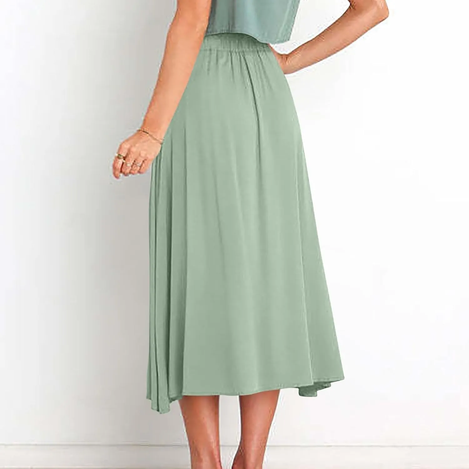 Women High Waist Pleated Skirts Trendy Split Thigh Skirt Summer Boho Flowy Maxi Skirt Solid A Line Beach Long Skirts