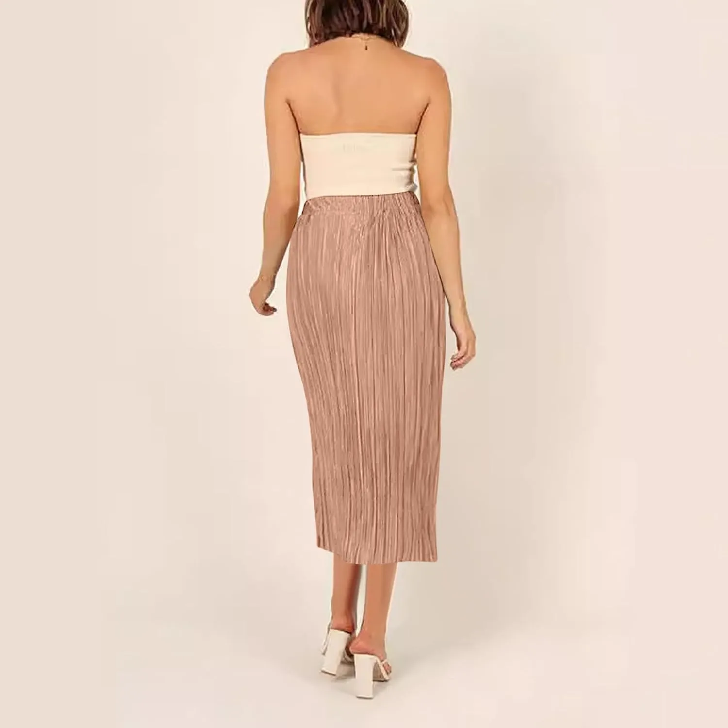 Women High Waist Pleated Skirts Trendy Split Thigh Skirt Summer Boho Flowy Maxi Skirt Solid A Line Beach Long Skirts
