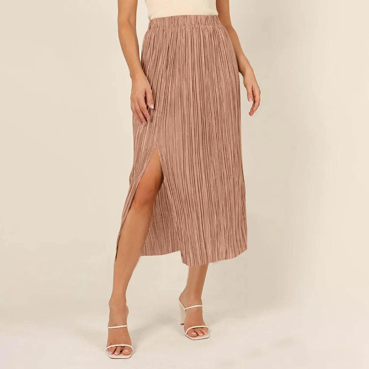 Women High Waist Pleated Skirts Trendy Split Thigh Skirt Summer Boho Flowy Maxi Skirt Solid A Line Beach Long Skirts