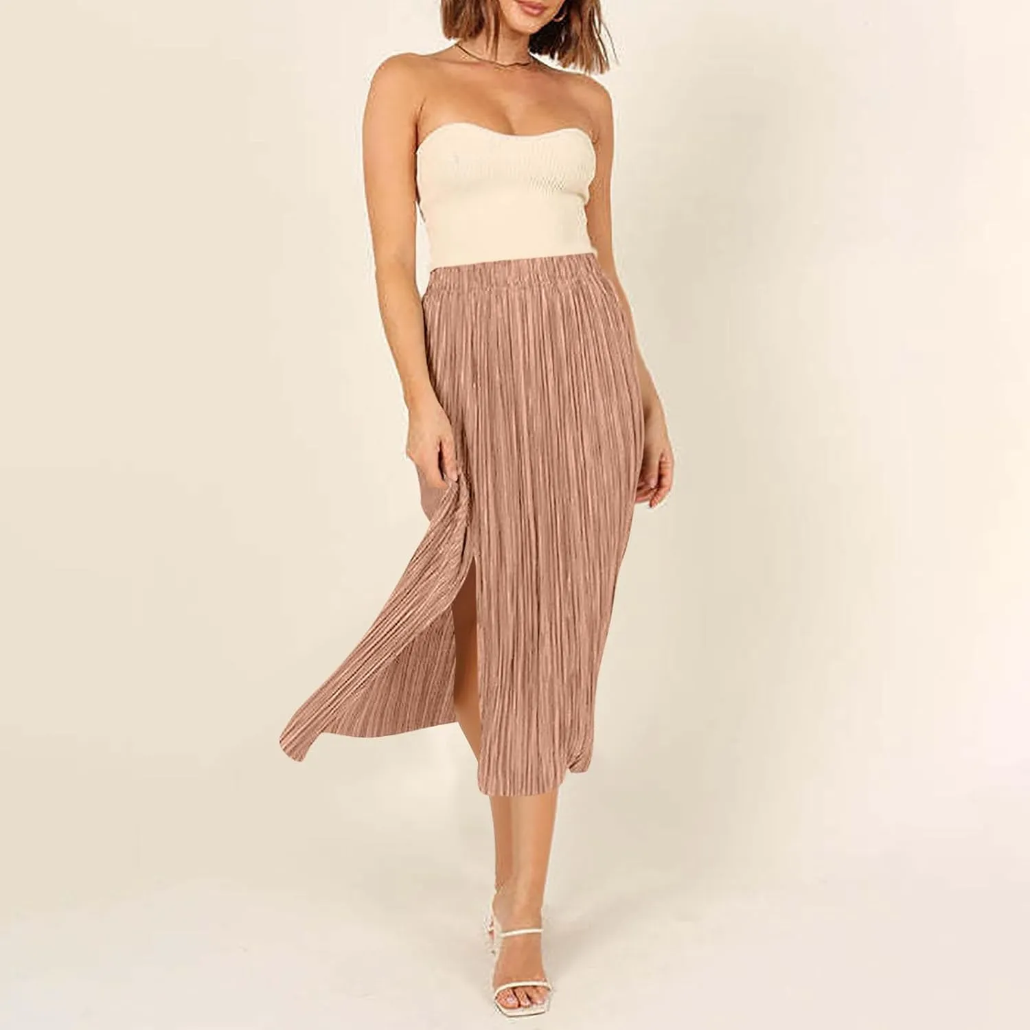 Women High Waist Pleated Skirts Trendy Split Thigh Skirt Summer Boho Flowy Maxi Skirt Solid A Line Beach Long Skirts