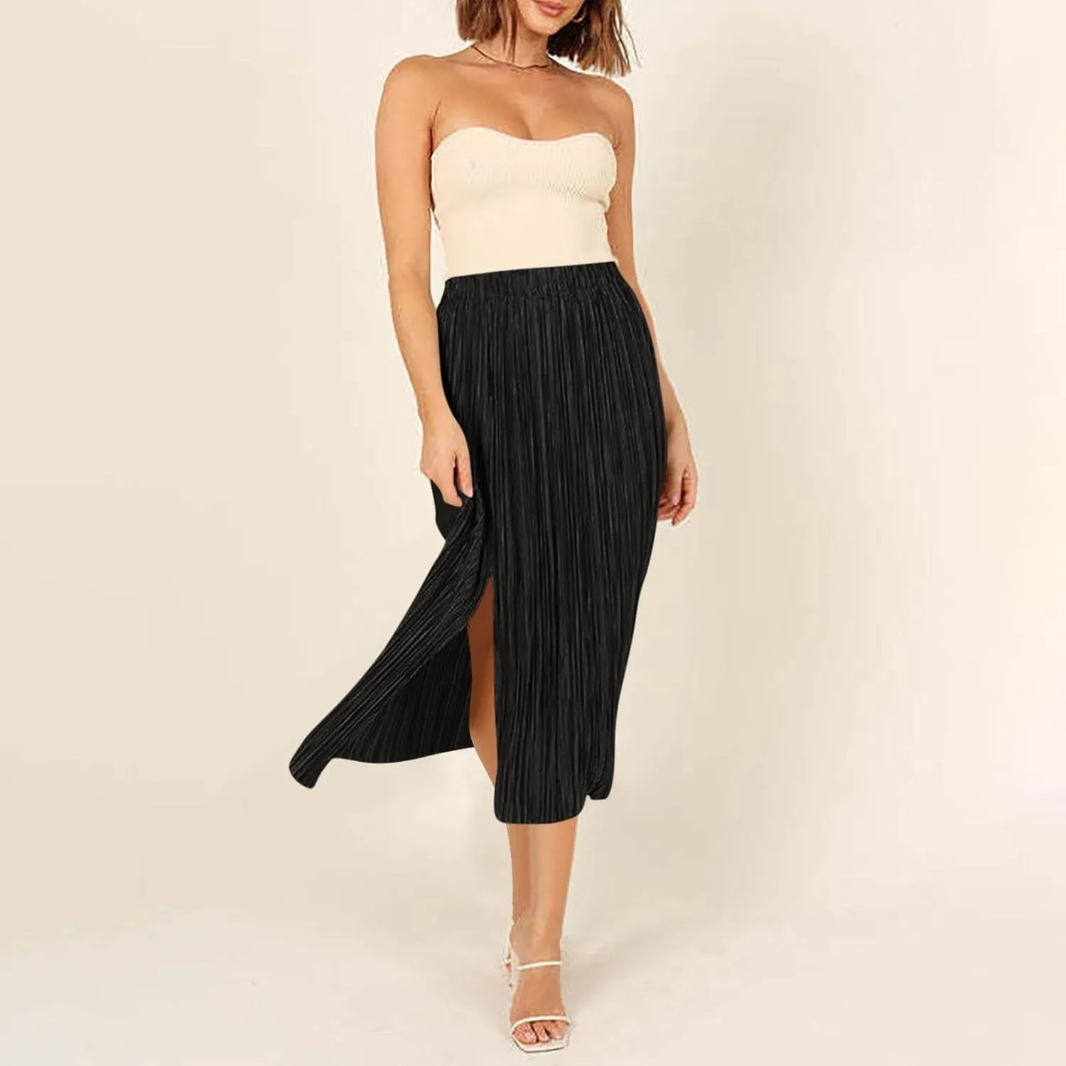 Women High Waist Pleated Skirts Trendy Split Thigh Skirt Summer Boho Flowy Maxi Skirt Solid A Line Beach Long Skirts
