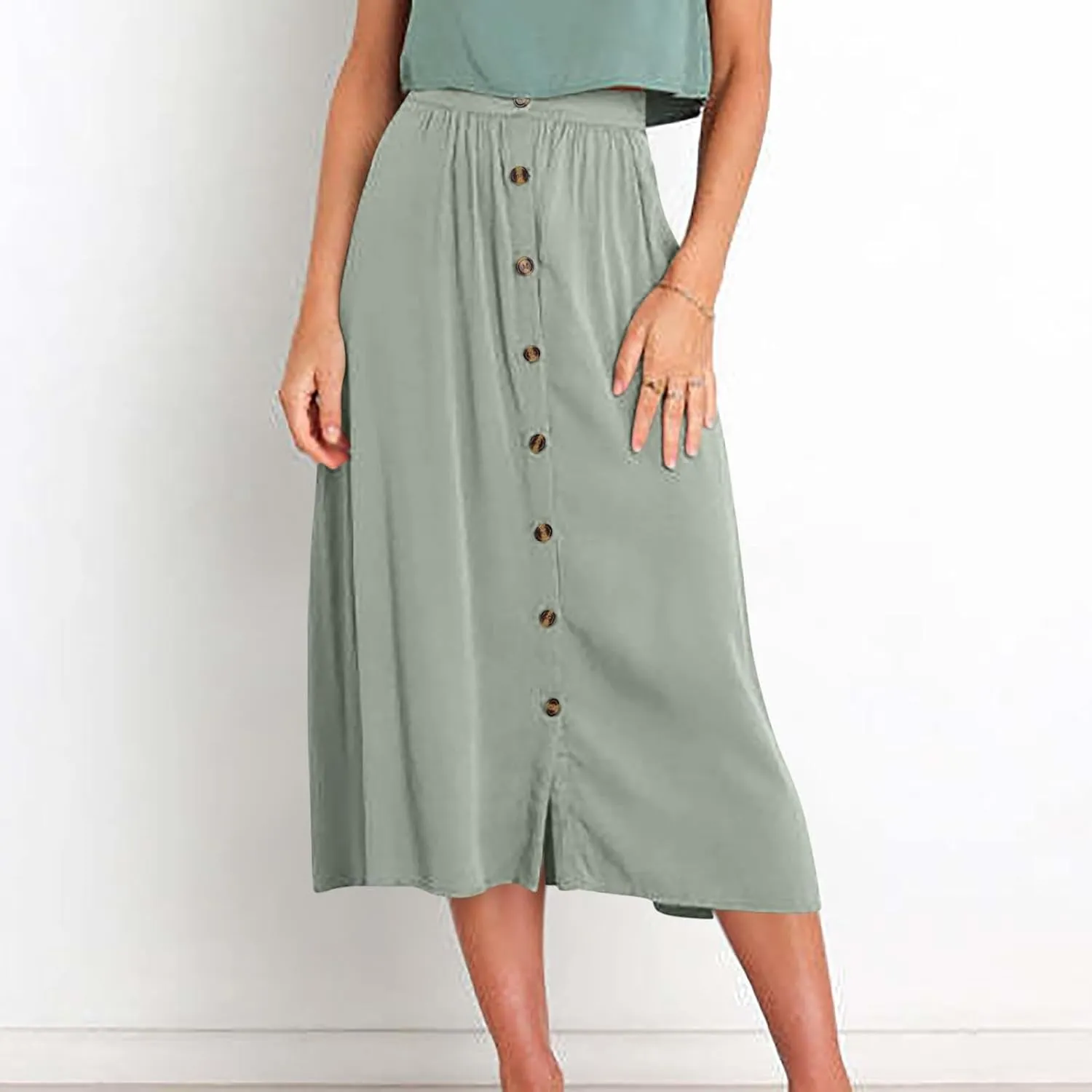 Women High Waist Pleated Skirts Trendy Split Thigh Skirt Summer Boho Flowy Maxi Skirt Solid A Line Beach Long Skirts