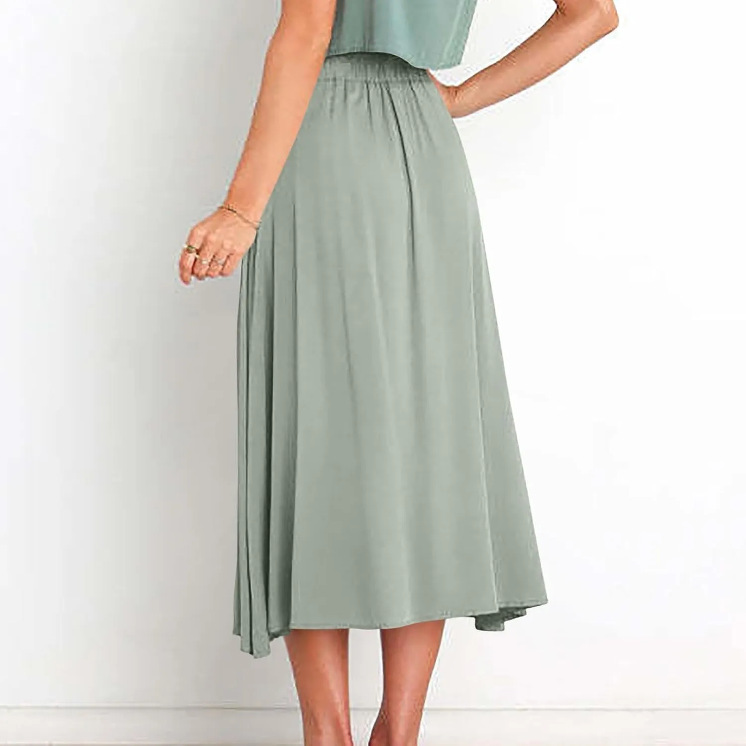 Women High Waist Pleated Skirts Trendy Split Thigh Skirt Summer Boho Flowy Maxi Skirt Solid A Line Beach Long Skirts