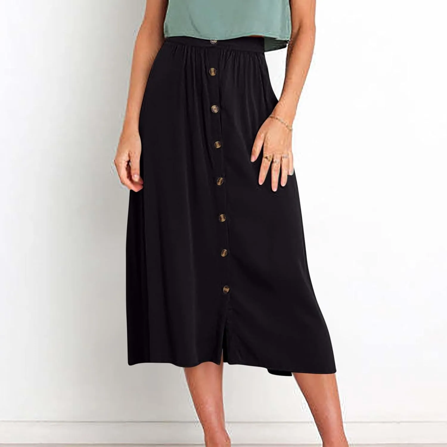 Women High Waist Pleated Skirts Trendy Split Thigh Skirt Summer Boho Flowy Maxi Skirt Solid A Line Beach Long Skirts