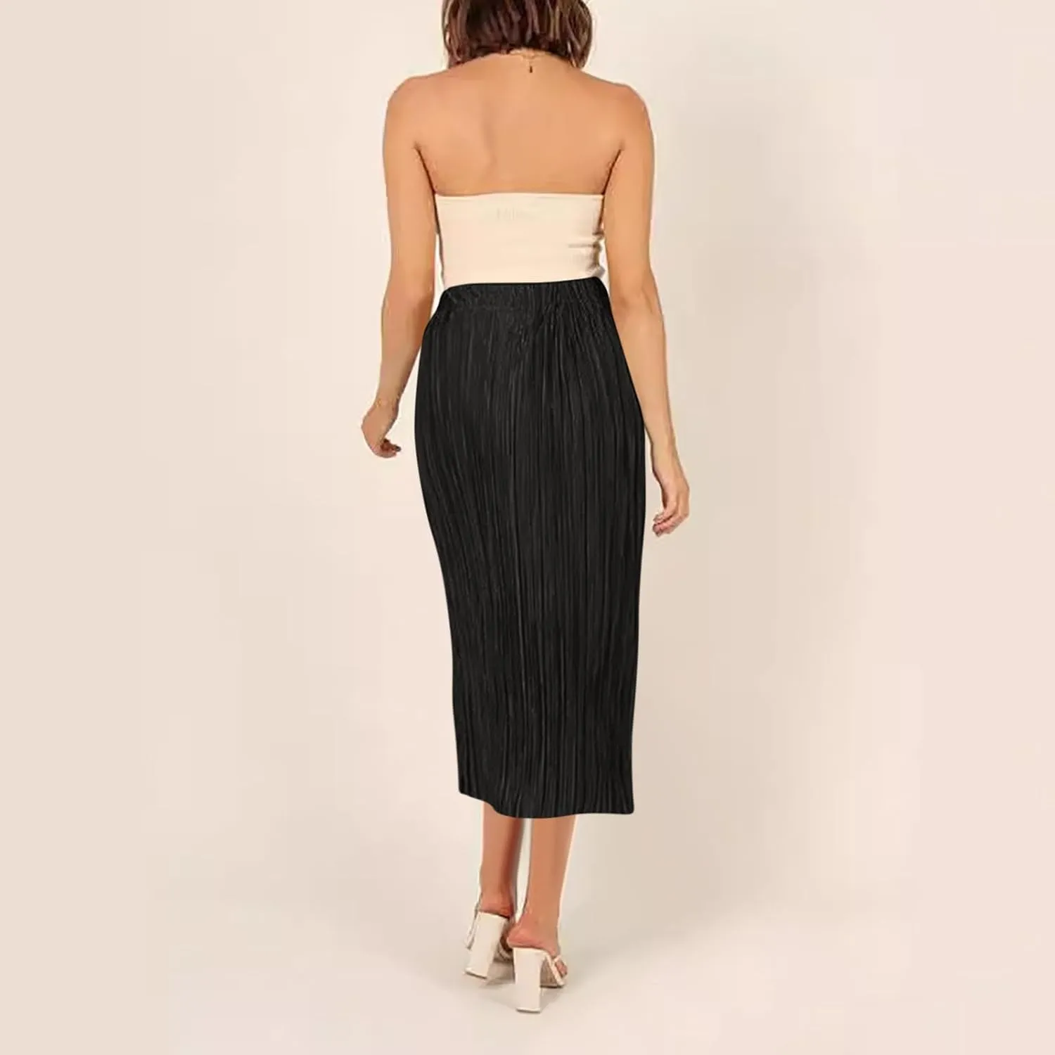 Women High Waist Pleated Skirts Trendy Split Thigh Skirt Summer Boho Flowy Maxi Skirt Solid A Line Beach Long Skirts