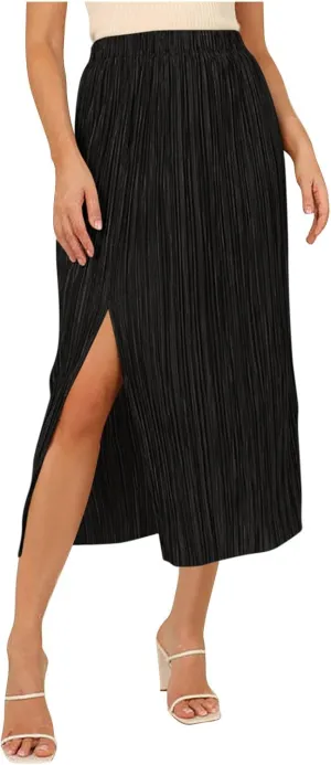 Women High Waist Pleated Skirts Trendy Split Thigh Skirt Summer Boho Flowy Maxi Skirt Solid A Line Beach Long Skirts