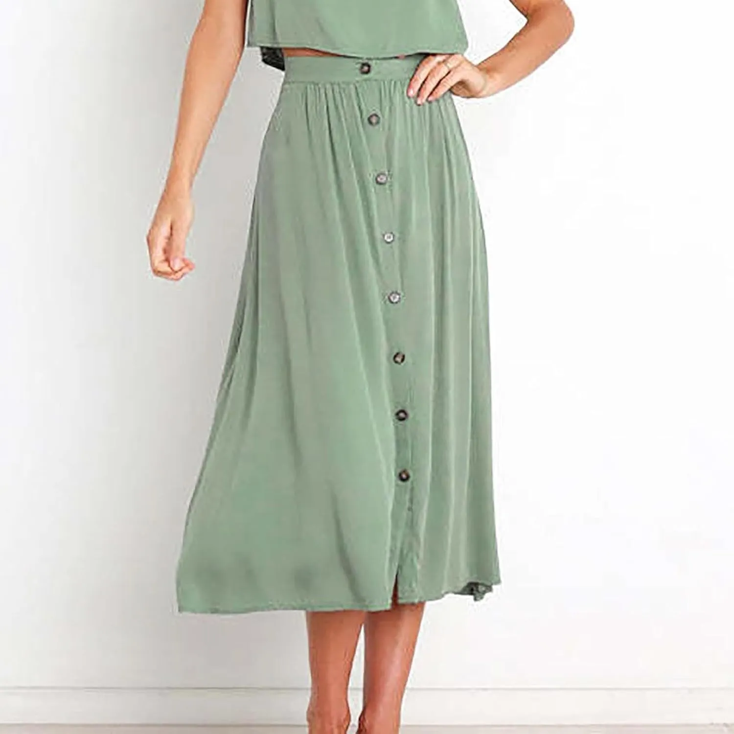 Women High Waist Pleated Skirts Trendy Split Thigh Skirt Summer Boho Flowy Maxi Skirt Solid A Line Beach Long Skirts
