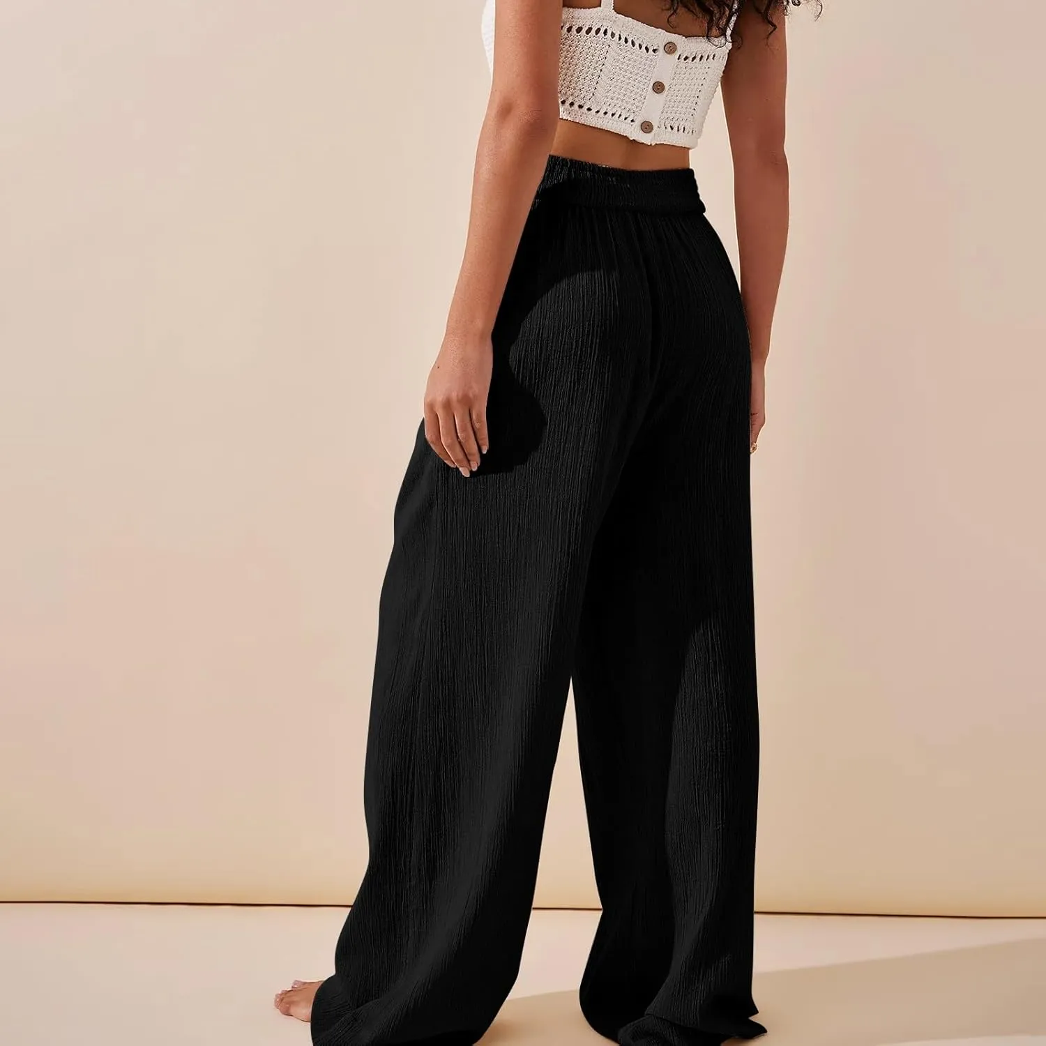 Women Linen Pants Casual Crossover Wide Leg Pants Summer Baggy Beach Pants with Pocket Lightweight Flowy Lounge Pant