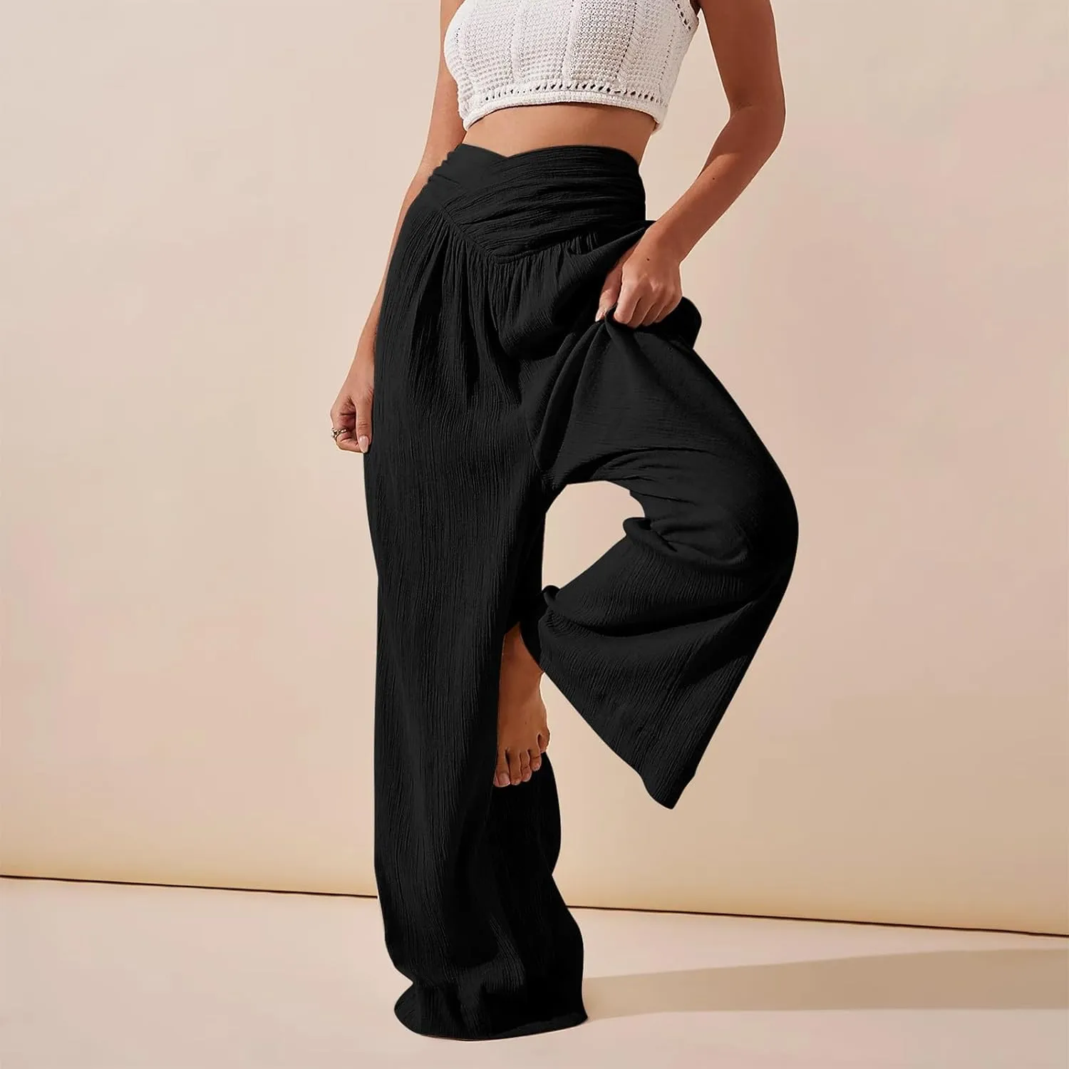 Women Linen Pants Casual Crossover Wide Leg Pants Summer Baggy Beach Pants with Pocket Lightweight Flowy Lounge Pant