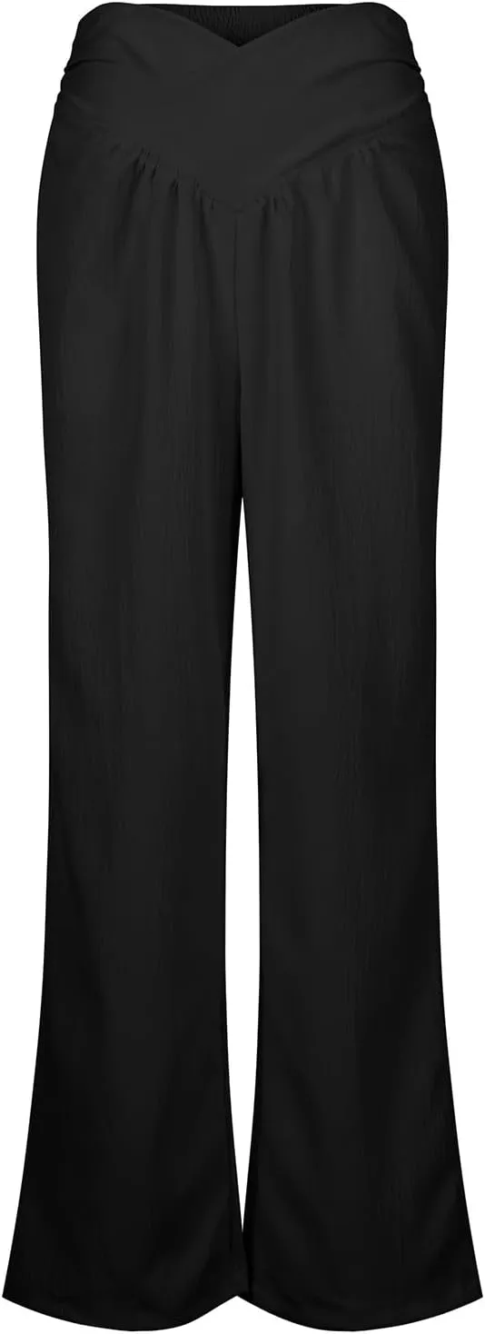 Women Linen Pants Casual Crossover Wide Leg Pants Summer Baggy Beach Pants with Pocket Lightweight Flowy Lounge Pant