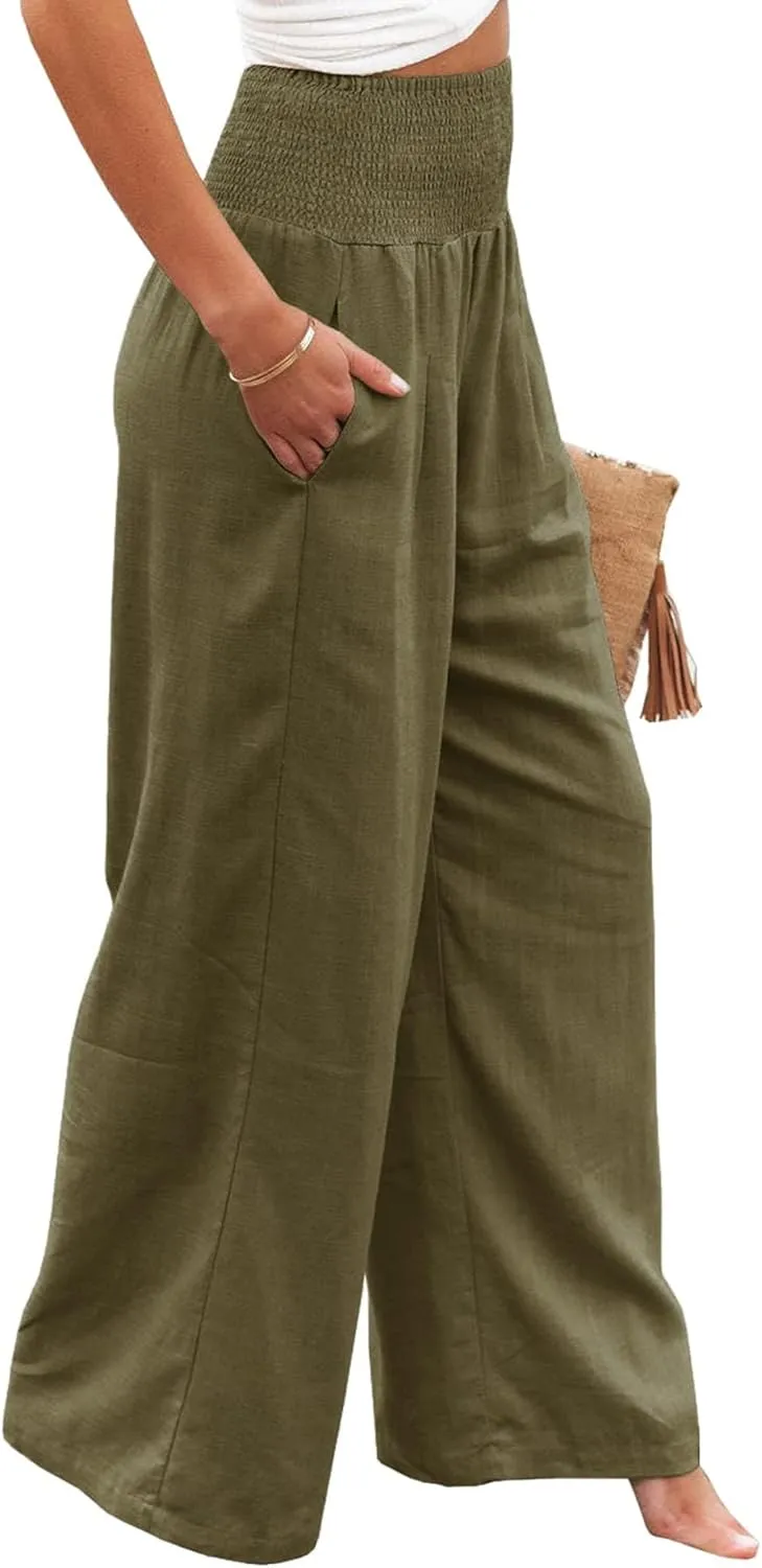 Women Linen Pants Elastic High Waist Wide Leg Palazzo Lounge Pants Casual Loose Beach Pants with Pockets