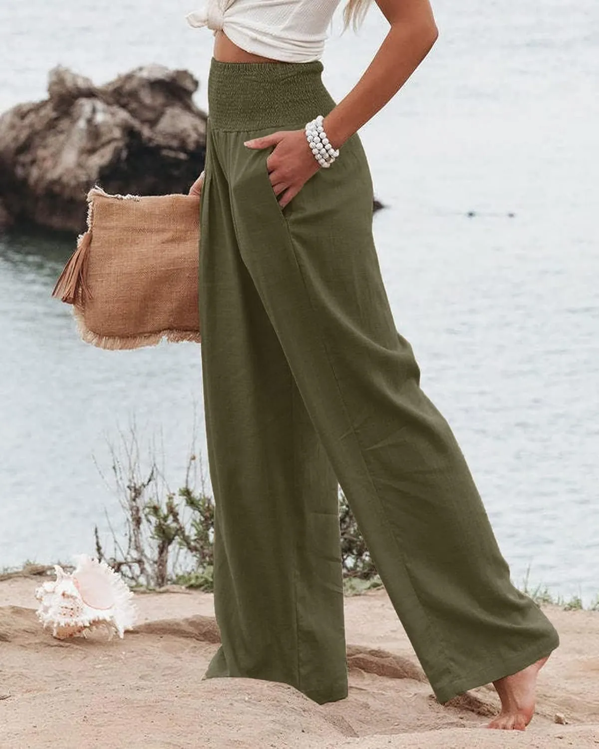 Women Linen Pants Elastic High Waist Wide Leg Palazzo Lounge Pants Casual Loose Beach Pants with Pockets