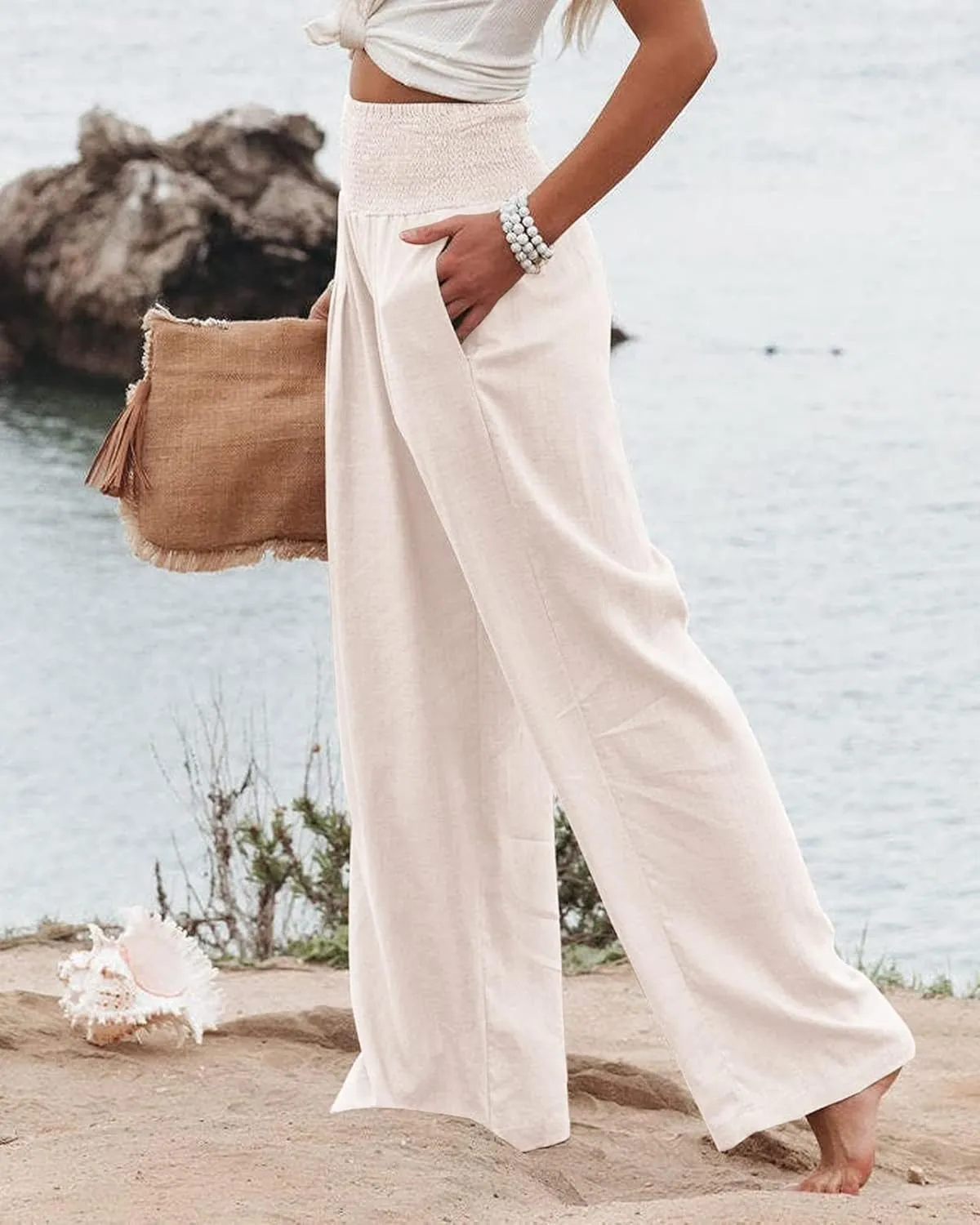 Women Linen Pants Elastic High Waist Wide Leg Palazzo Lounge Pants Casual Loose Beach Pants with Pockets