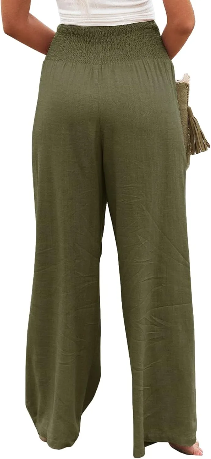 Women Linen Pants Elastic High Waist Wide Leg Palazzo Lounge Pants Casual Loose Beach Pants with Pockets
