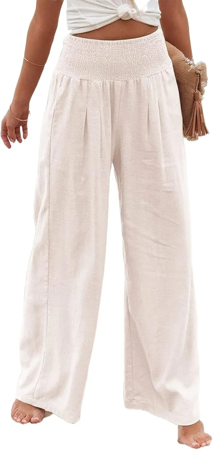Women Linen Pants Elastic High Waist Wide Leg Palazzo Lounge Pants Casual Loose Beach Pants with Pockets
