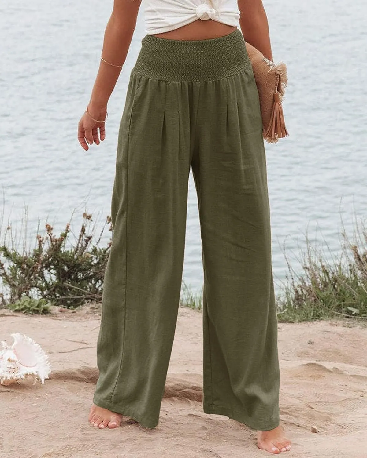 Women Linen Pants Elastic High Waist Wide Leg Palazzo Lounge Pants Casual Loose Beach Pants with Pockets