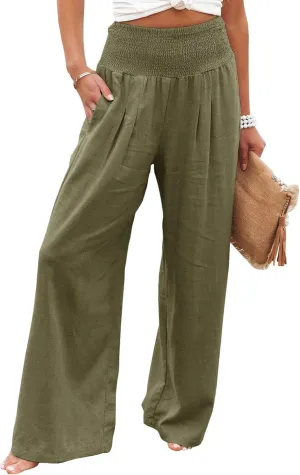 Women Linen Pants Elastic High Waist Wide Leg Palazzo Lounge Pants Casual Loose Beach Pants with Pockets