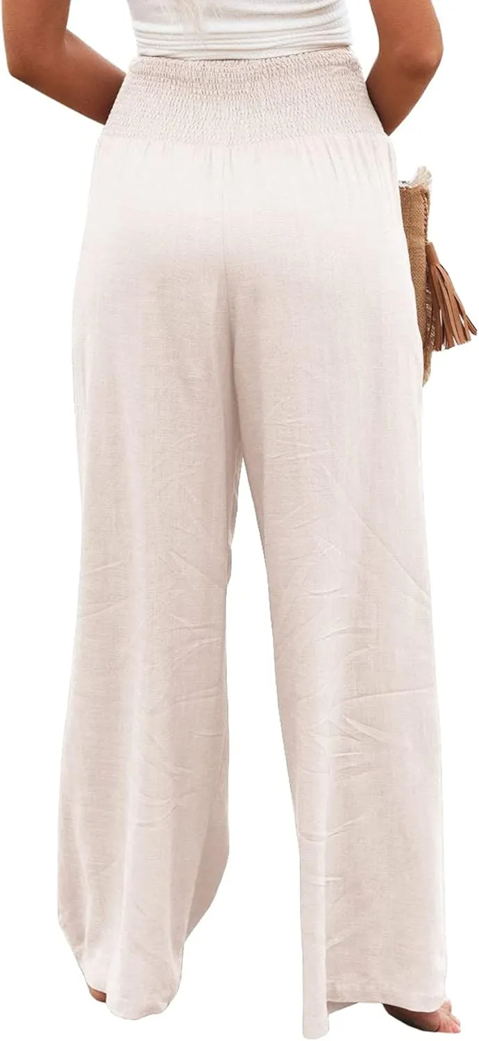 Women Linen Pants Elastic High Waist Wide Leg Palazzo Lounge Pants Casual Loose Beach Pants with Pockets