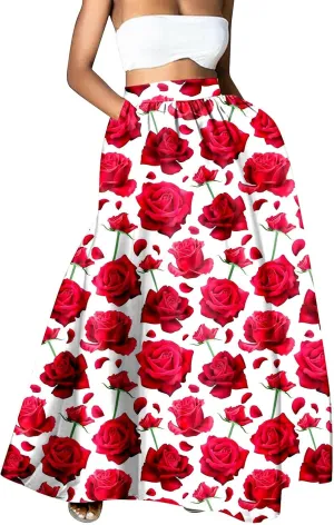 Women Maxi Skirt Floral Flowy Bohemian Vintage Casual A Line Trendy Long Dress Spring Beach Skirts with Pockets