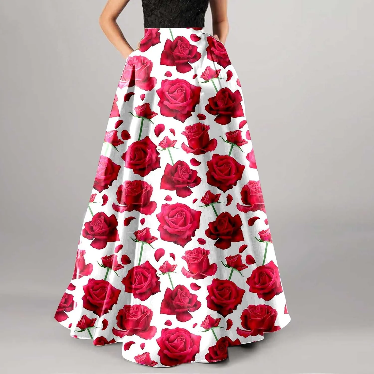 Women Maxi Skirt Floral Flowy Bohemian Vintage Casual A Line Trendy Long Dress Spring Beach Skirts with Pockets