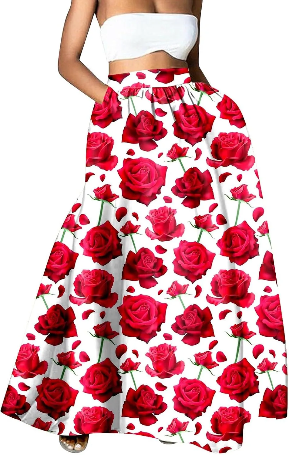 Women Maxi Skirt Floral Flowy Bohemian Vintage Casual A Line Trendy Long Dress Spring Beach Skirts with Pockets