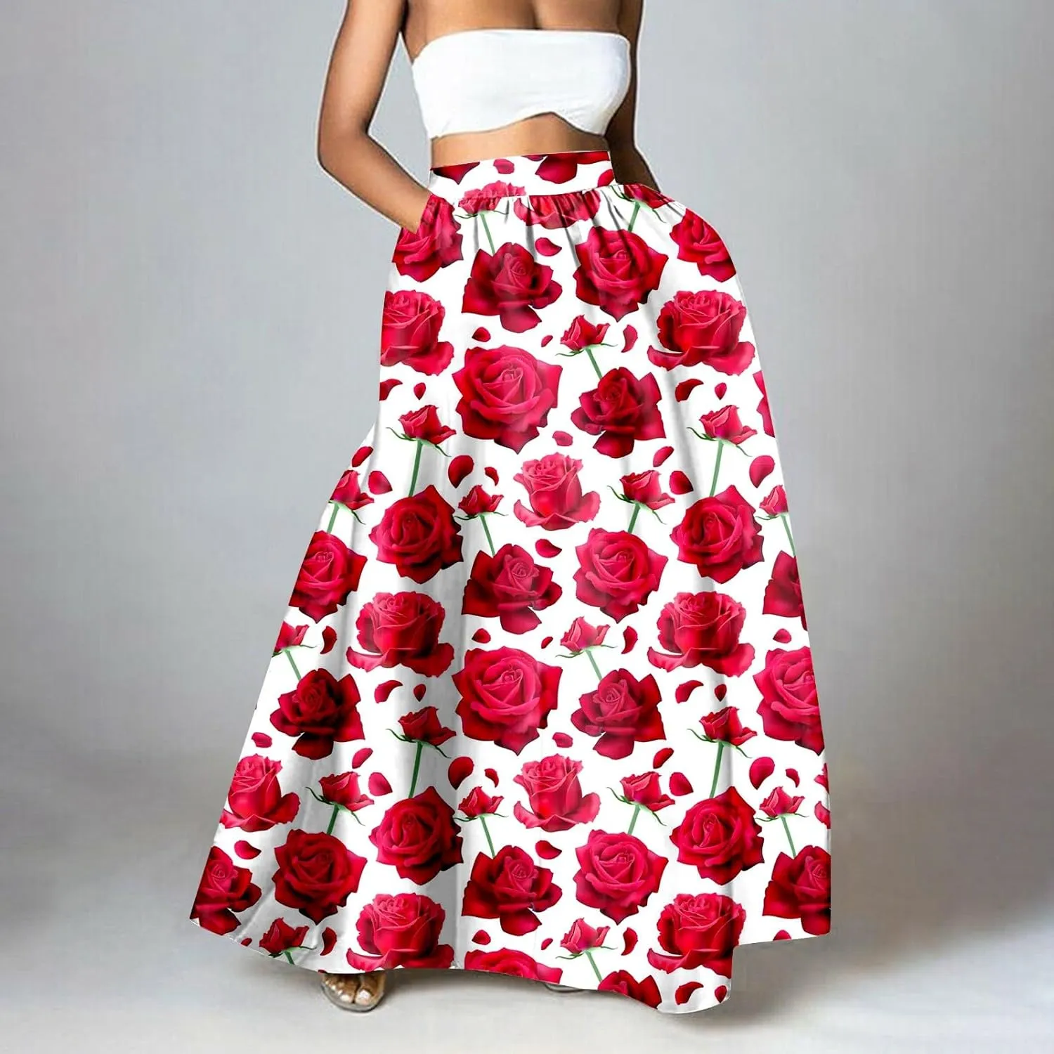 Women Maxi Skirt Floral Flowy Bohemian Vintage Casual A Line Trendy Long Dress Spring Beach Skirts with Pockets