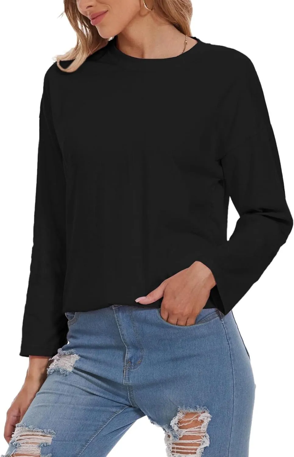 Women Oversized Crew Neck T-Shirts Loose Long Sleeve Tunic Top 2024 Comfy Cozy Cotton Lounge Tees