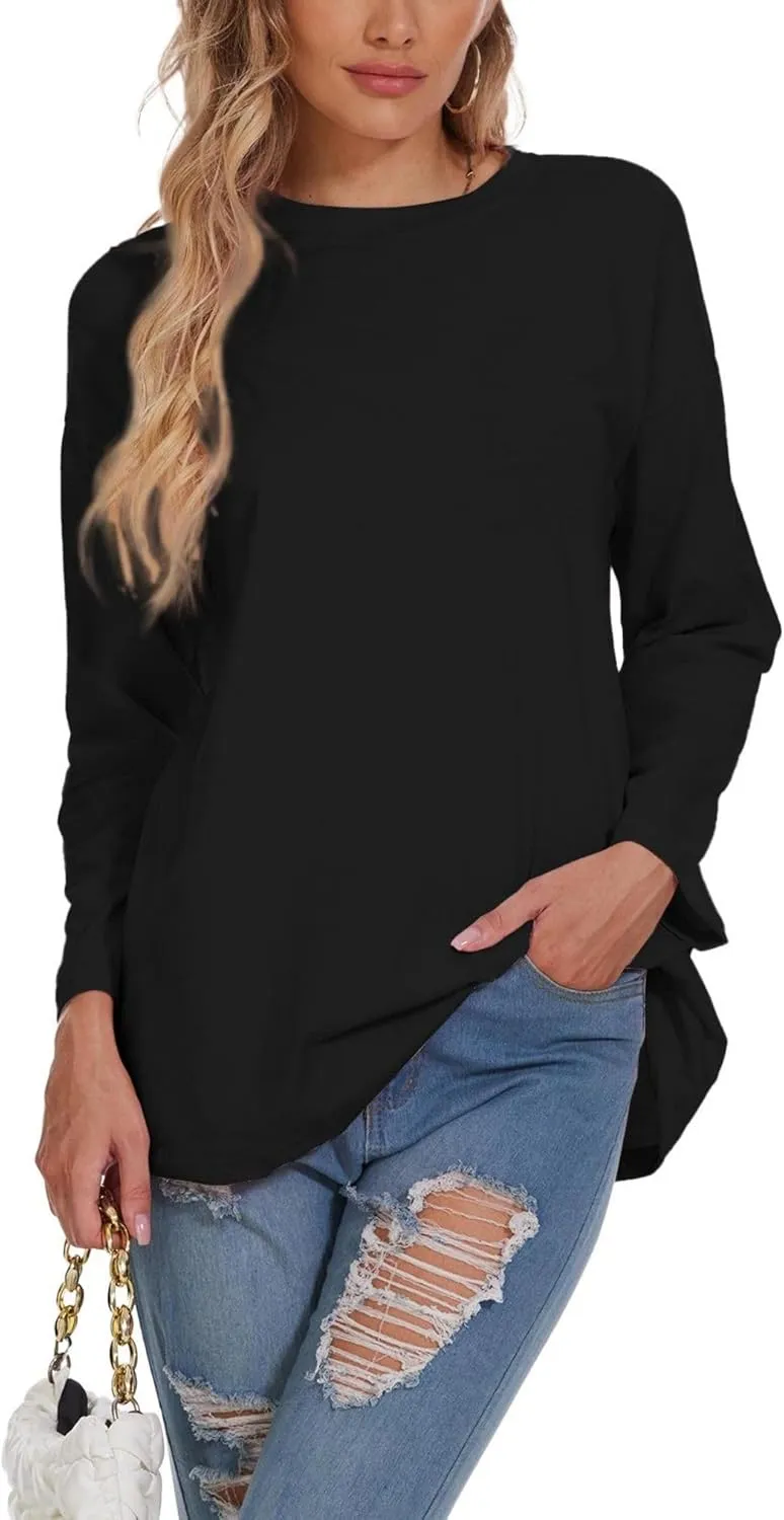 Women Oversized Crew Neck T-Shirts Loose Long Sleeve Tunic Top 2024 Comfy Cozy Cotton Lounge Tees
