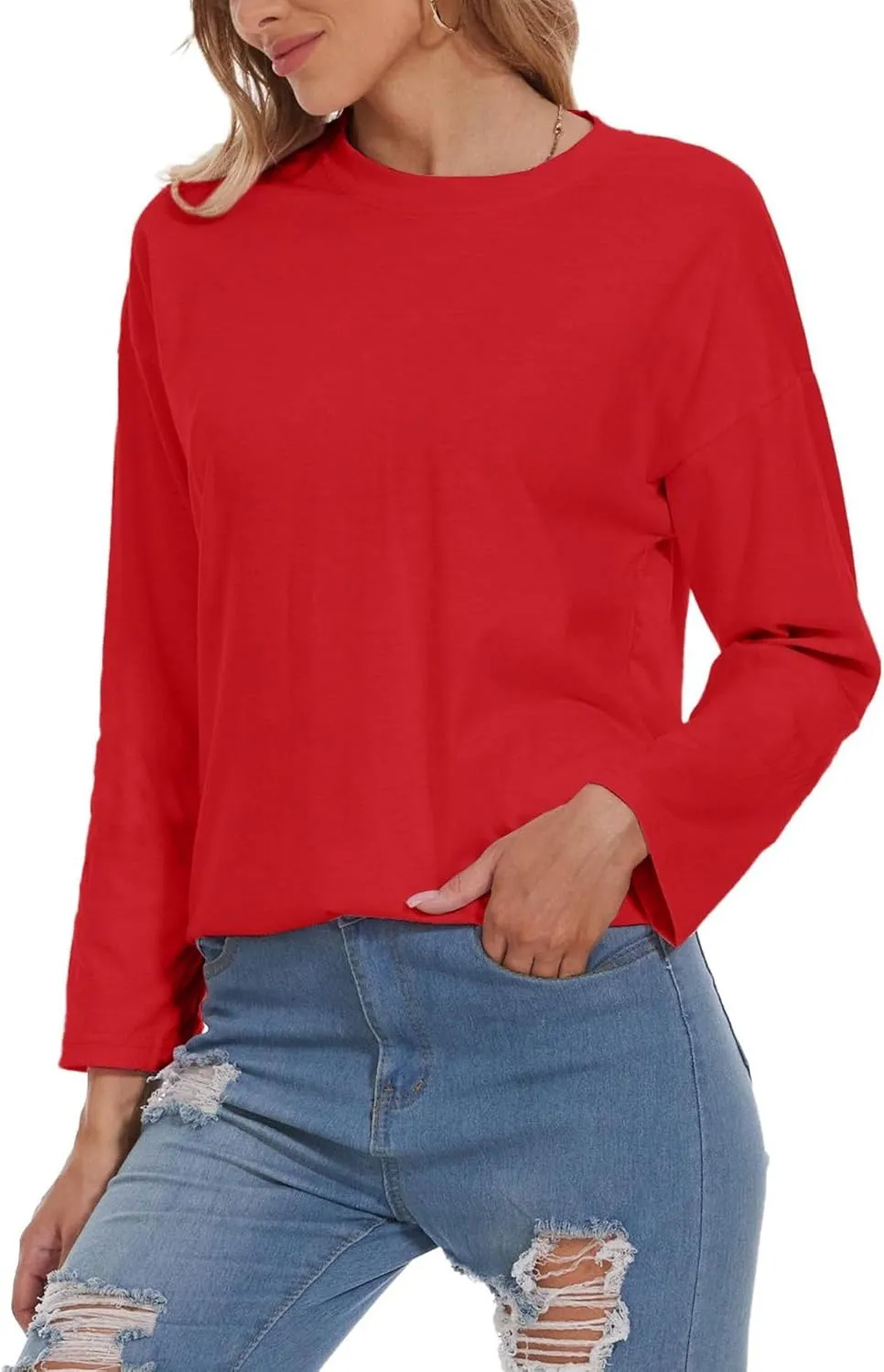 Women Oversized Crew Neck T-Shirts Loose Long Sleeve Tunic Top 2024 Comfy Cozy Cotton Lounge Tees