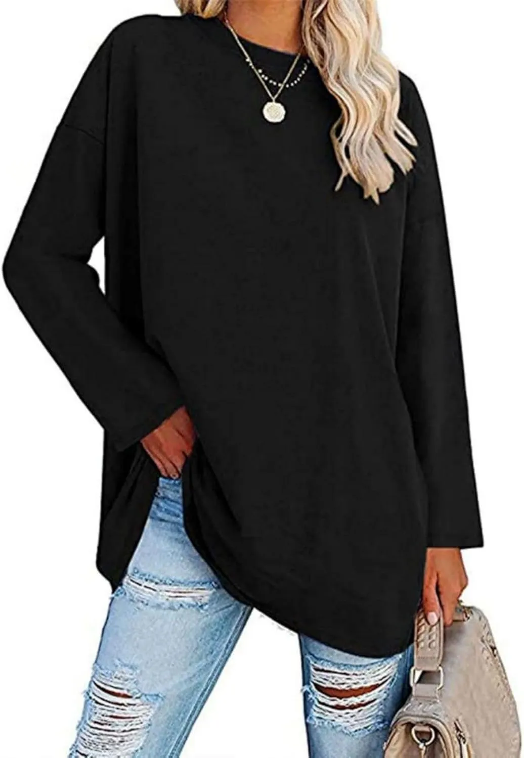 Women Oversized Crew Neck T-Shirts Loose Long Sleeve Tunic Top 2024 Comfy Cozy Cotton Lounge Tees