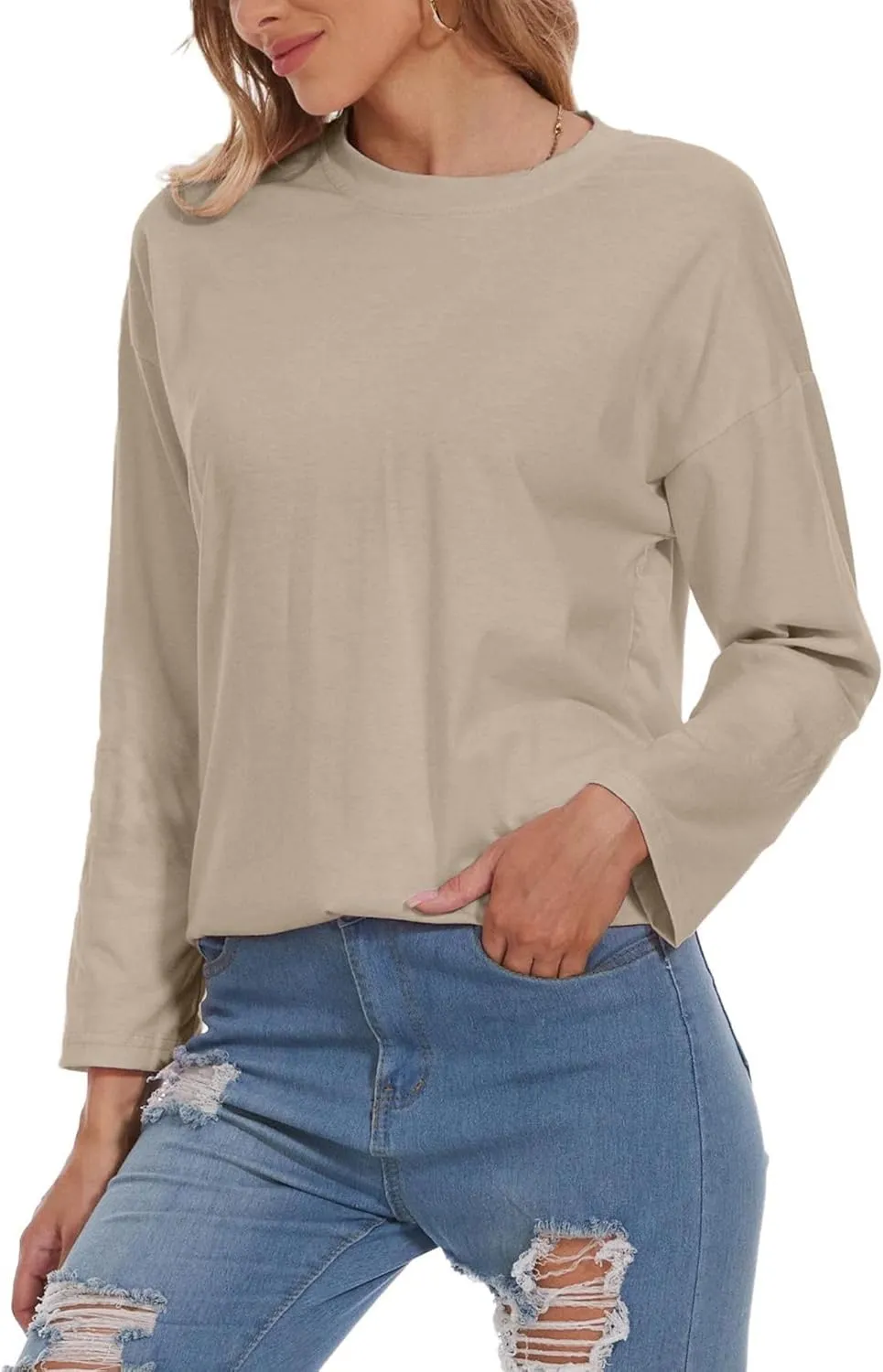 Women Oversized Crew Neck T-Shirts Loose Long Sleeve Tunic Top 2024 Comfy Cozy Cotton Lounge Tees