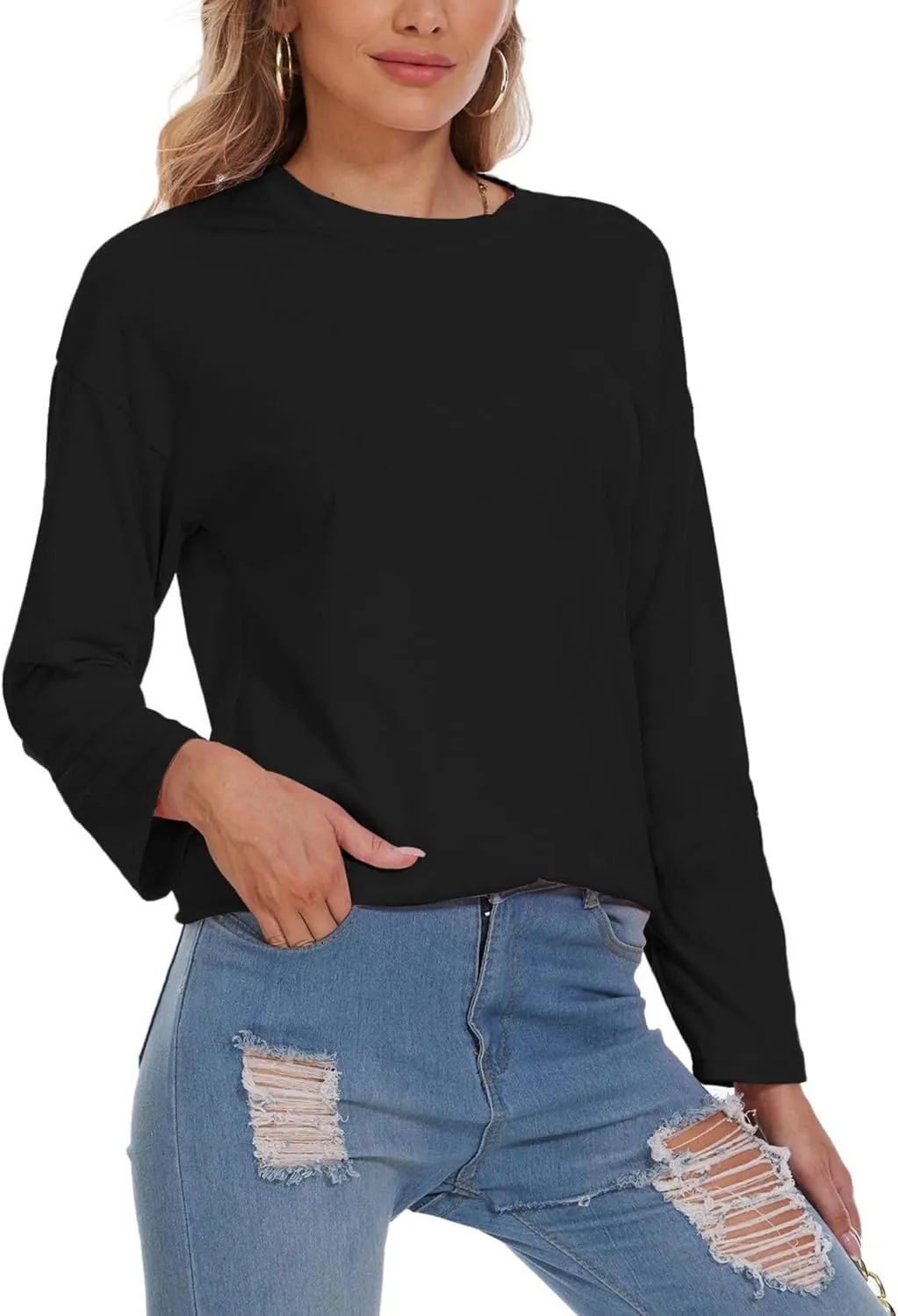 Women Oversized Crew Neck T-Shirts Loose Long Sleeve Tunic Top 2024 Comfy Cozy Cotton Lounge Tees