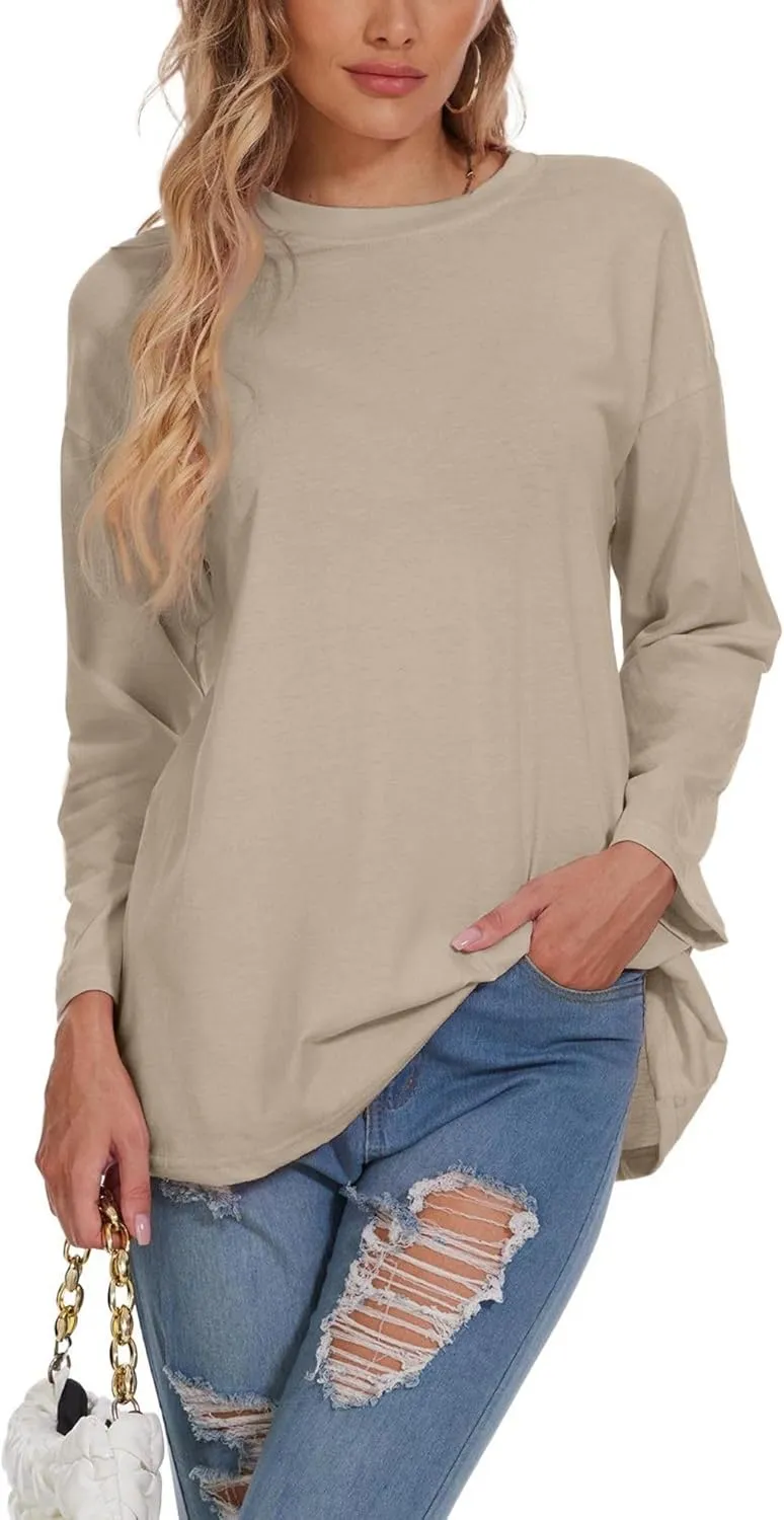 Women Oversized Crew Neck T-Shirts Loose Long Sleeve Tunic Top 2024 Comfy Cozy Cotton Lounge Tees