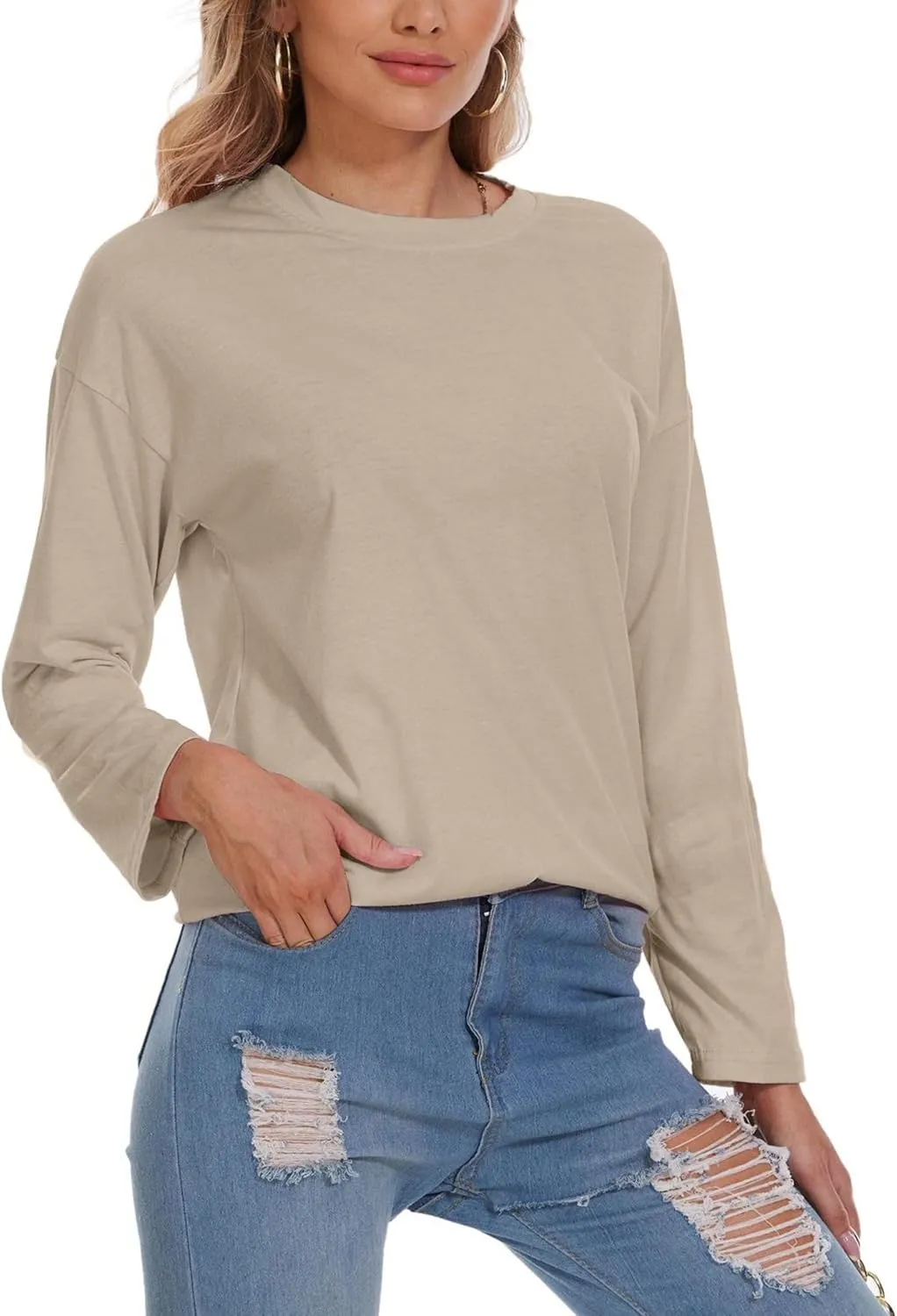 Women Oversized Crew Neck T-Shirts Loose Long Sleeve Tunic Top 2024 Comfy Cozy Cotton Lounge Tees