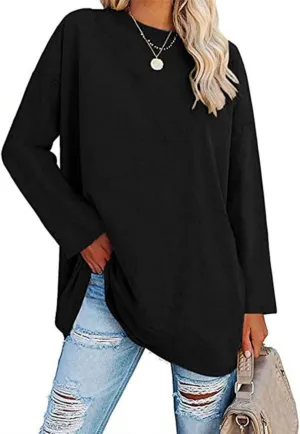 Women Oversized Crew Neck T-Shirts Loose Long Sleeve Tunic Top 2024 Comfy Cozy Cotton Lounge Tees