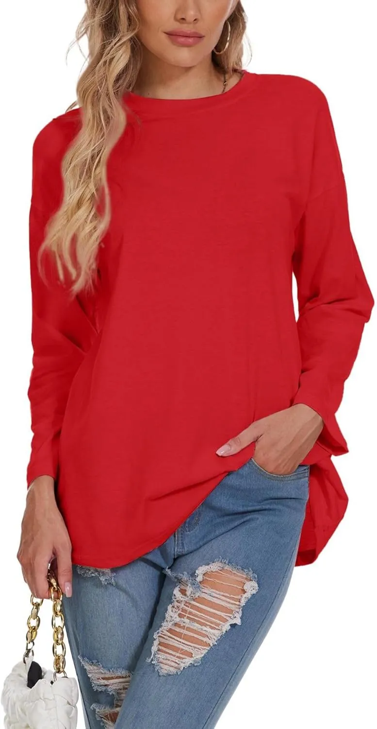 Women Oversized Crew Neck T-Shirts Loose Long Sleeve Tunic Top 2024 Comfy Cozy Cotton Lounge Tees