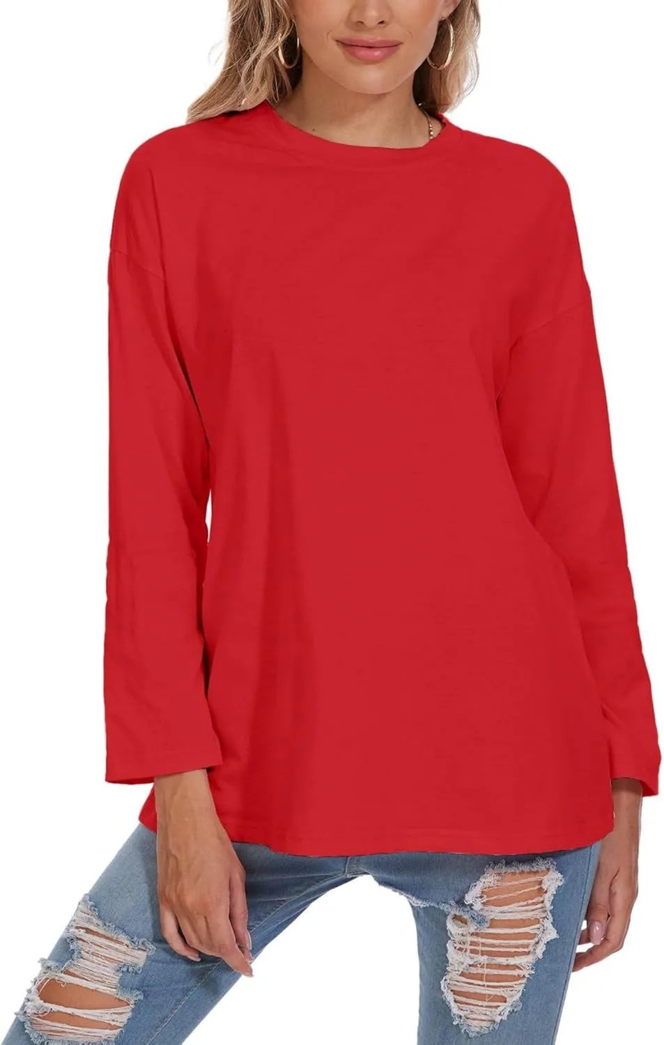Women Oversized Crew Neck T-Shirts Loose Long Sleeve Tunic Top 2024 Comfy Cozy Cotton Lounge Tees